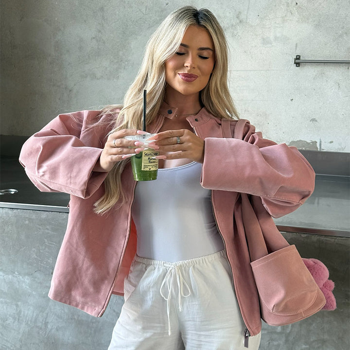 Damen Oversized Canvas-Übergangsjacke mit Stehkragen, Reißverschluss und großen aufgesetzten Taschen – Avérine