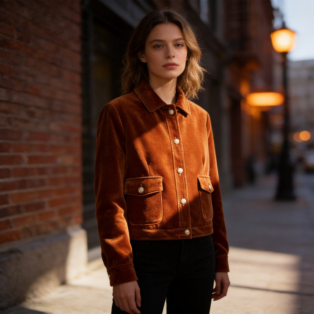 Damen Kurz geschnittene Samtjacke im Blousonstil mit Klappentaschen und Zierknopfleiste Echo Archiv