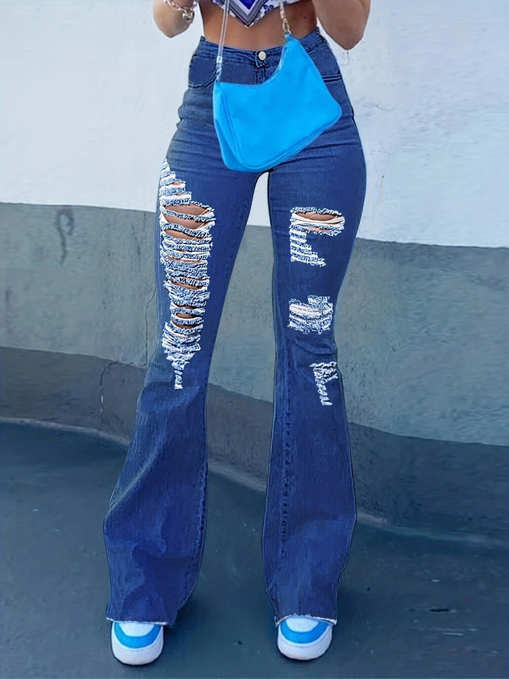 Damen High-Waist Flared-Jeans mit großflächigen Distressed-Rissen und sculptendem Komfortbund Echo Archiv