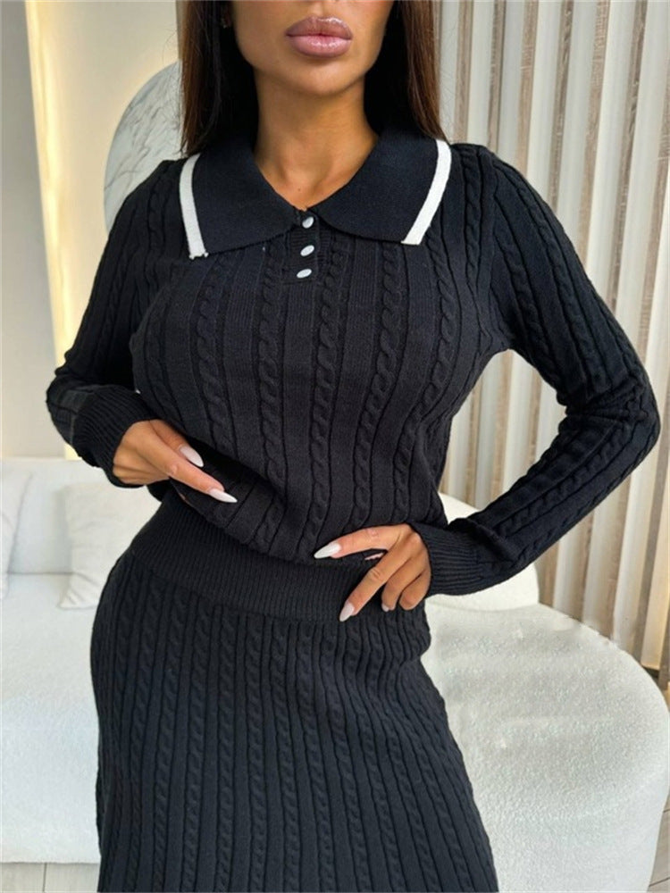 Damen Zweiteiliges Zopfstrick-Kleid mit Taillenbund und Polokragen – Mavelle