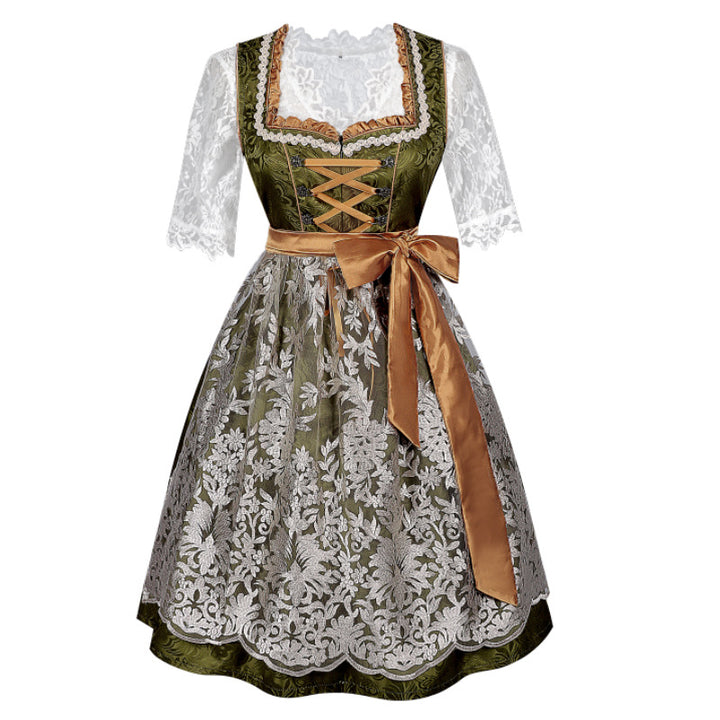 Damen nan traditionelles Dirndlkleid mit Spitzenbluse und bestickter Schürze Echo Archiv