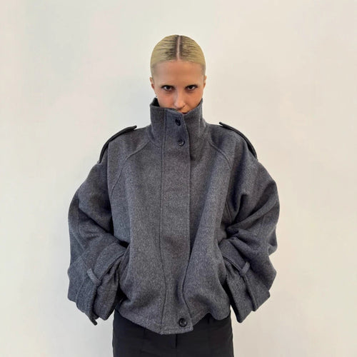 Damen Oversized Woll-Cropped-Jacke mit hohem Stehkragen und Ballonärmeln Echo Archiv