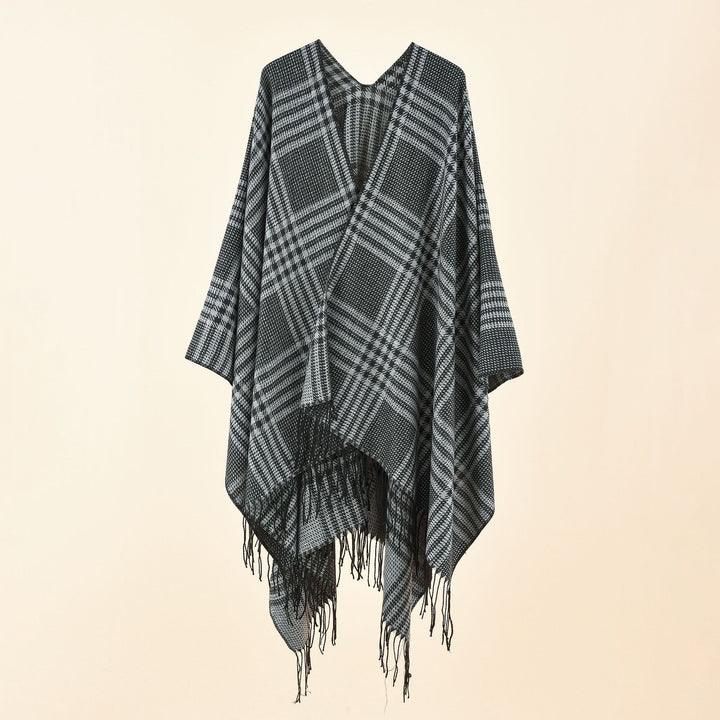 Damen Ruana-Poncho mit V‑Ausschnitt, kastigem Kimono-Fall und Fransensaum Echo Archiv
