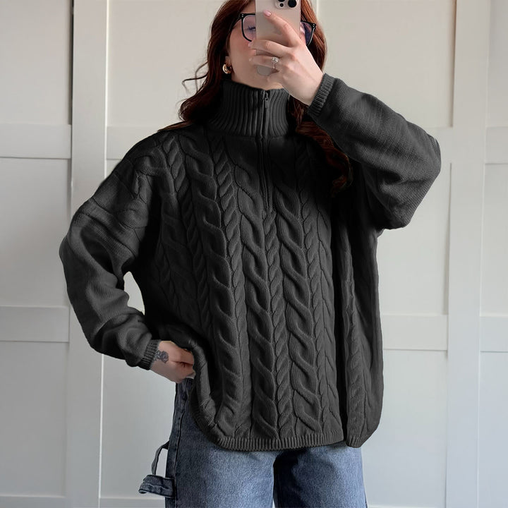 Damen nan oversized Zopfmuster-Troyer mit halbem Reißverschluss, hohem Stehkragen und gerundetem Saum Echo Archiv