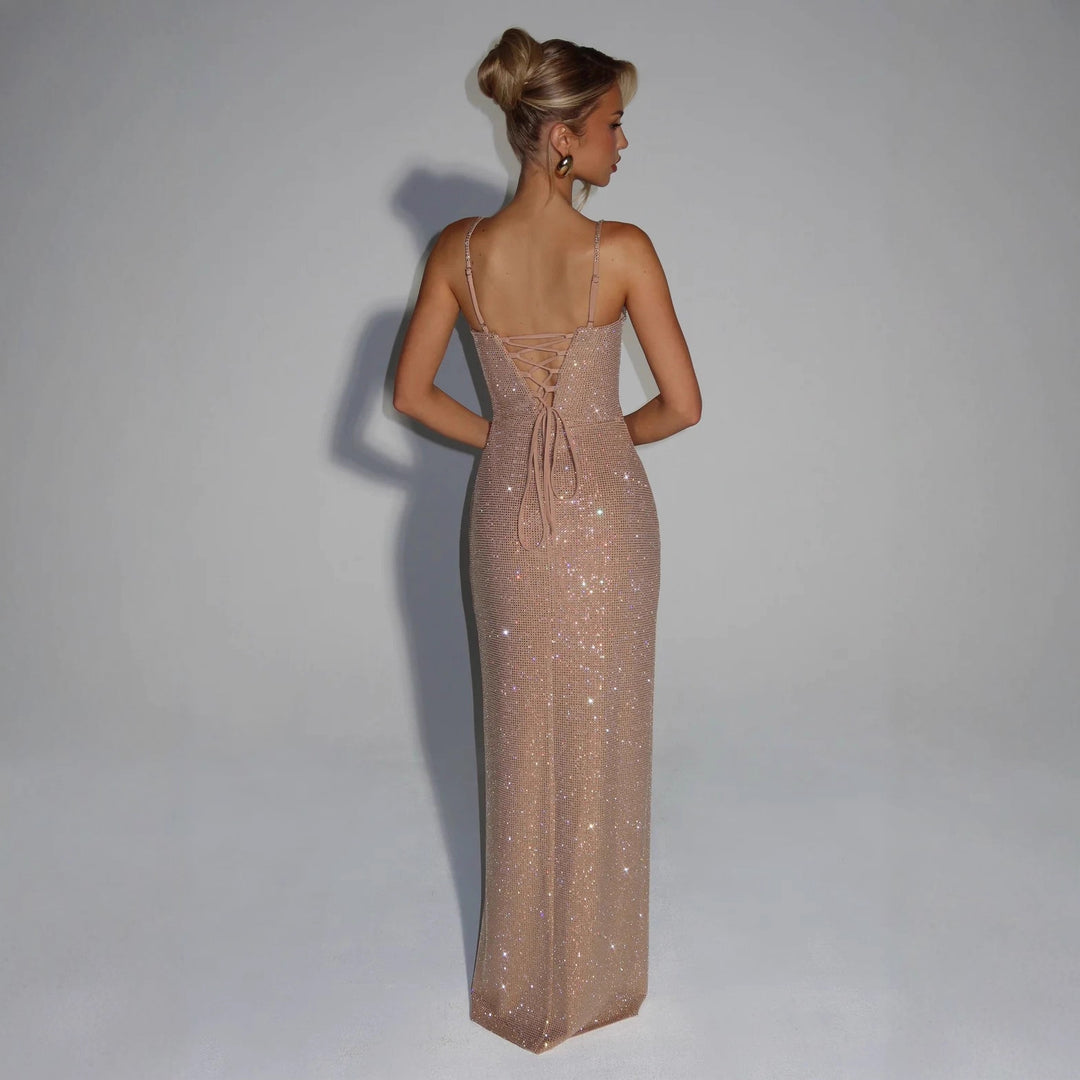 Damen Glamouröses Maxikleid mit tiefem V-Ausschnitt und strahlenden Pailletten Echo Archiv