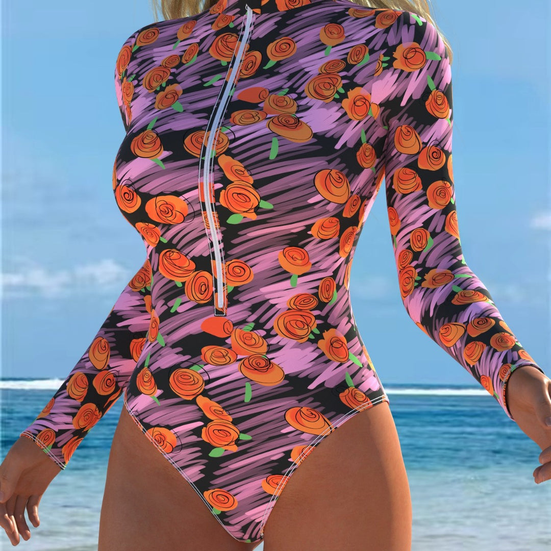Damen Langarm-Badeanzug mit Reißverschluss und floralem Design Echo Archiv