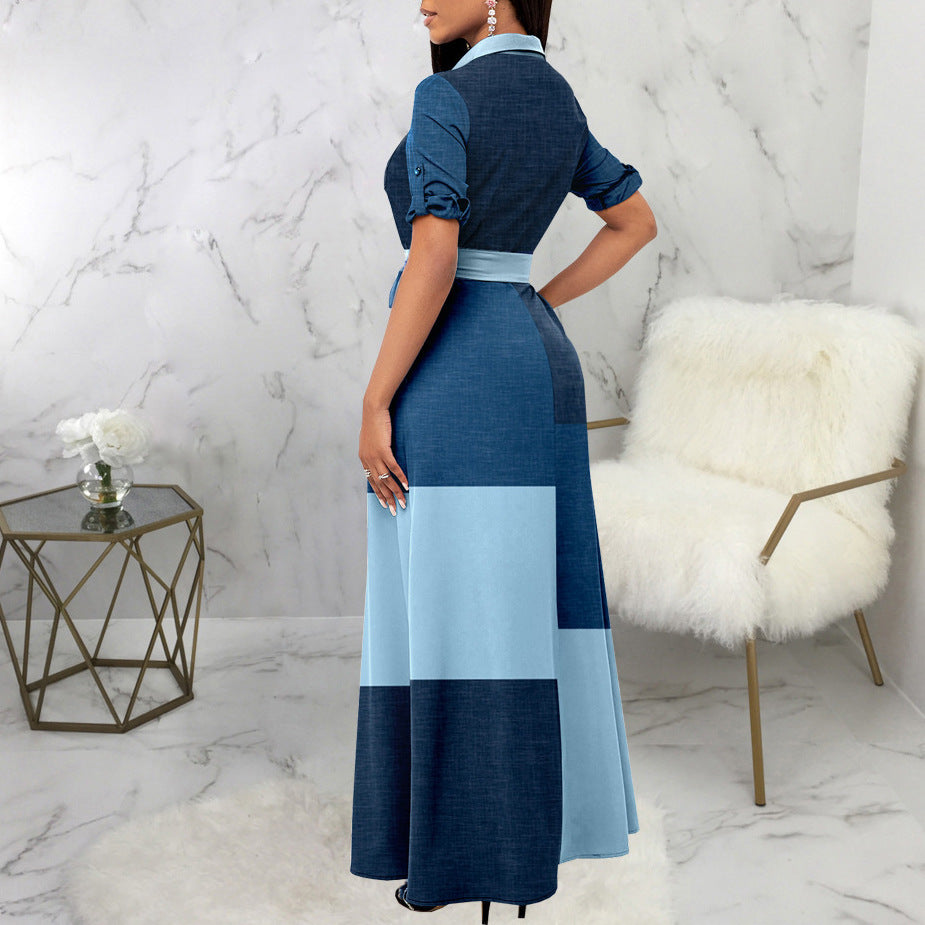 Damen Maxikleid Hemdblusenstil mit Taillengürtel und Blockpatch-Design Echoarchiv