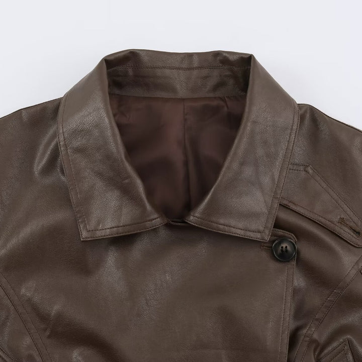 Damen Kurzjacke aus Lederoptik mit Bindegürtel und asymmetrischer Knopfleiste Echo Archiv