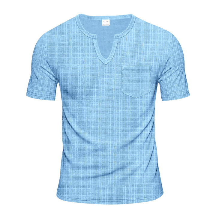 Herren nan Kurzarmshirt mit geschlitztem V-Ausschnitt strukturierter Leinenoptik und aufgesetzter Brusttasche Echo Archiv