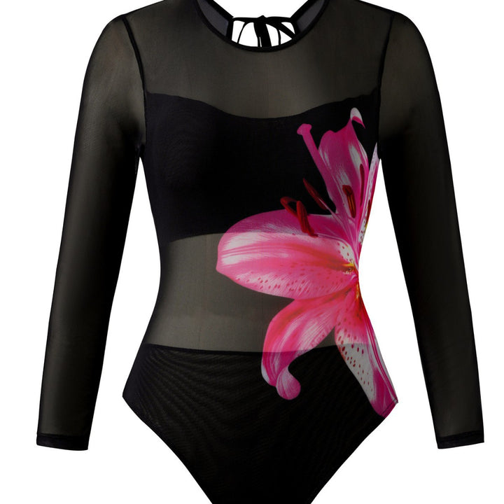 Damen Eleganter Badeanzug mit langem Arm und transparente Wickelrock Echo Archiv