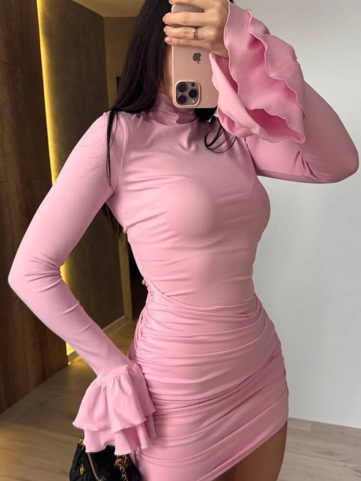 Damen Eng anliegendes Minikleid mit Rüschen-Volantärmeln und geraffter Wickeloptik Echoarchiv