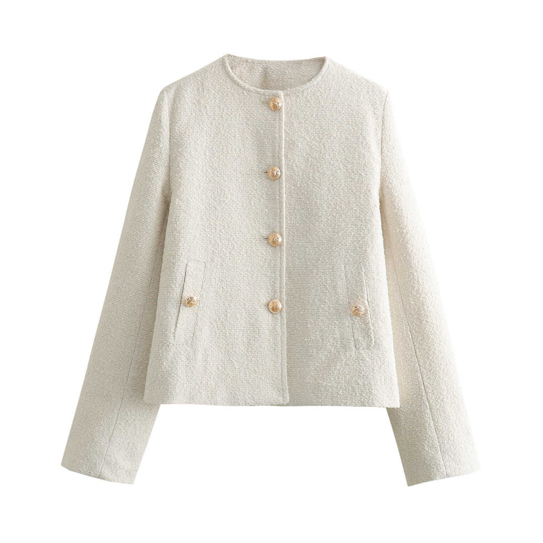 Damen Kurzgeschnittene Bouclé‑Tweedjacke mit Rundhalsausschnitt, Zierknöpfen und Pattentaschen Echo Archiv