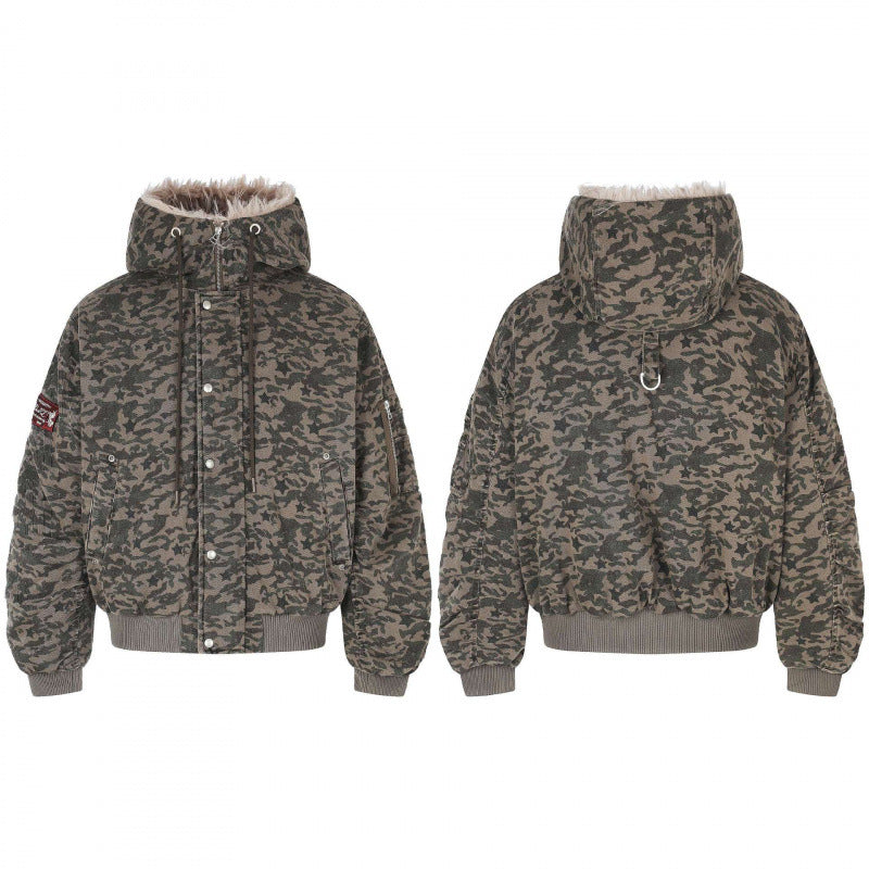 Unisex Weitgeschnittene wattierte Bomberjacke mit Kapuze und Kunstfellbesatz Echo Archiv