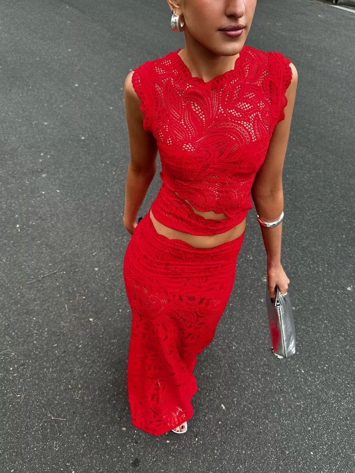 Damen nan elegantes Spitzen-Set mit bauchfreiem kurzem Top mit Wellensaum und taillenhohem figurbetontem Maxirock Echo Archiv