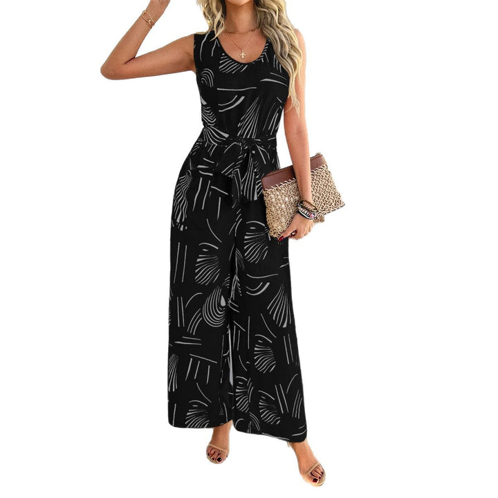 Damen Eleganter Jumpsuit mit Bindegürtel und modernem Grafikdesign Echo Archiv