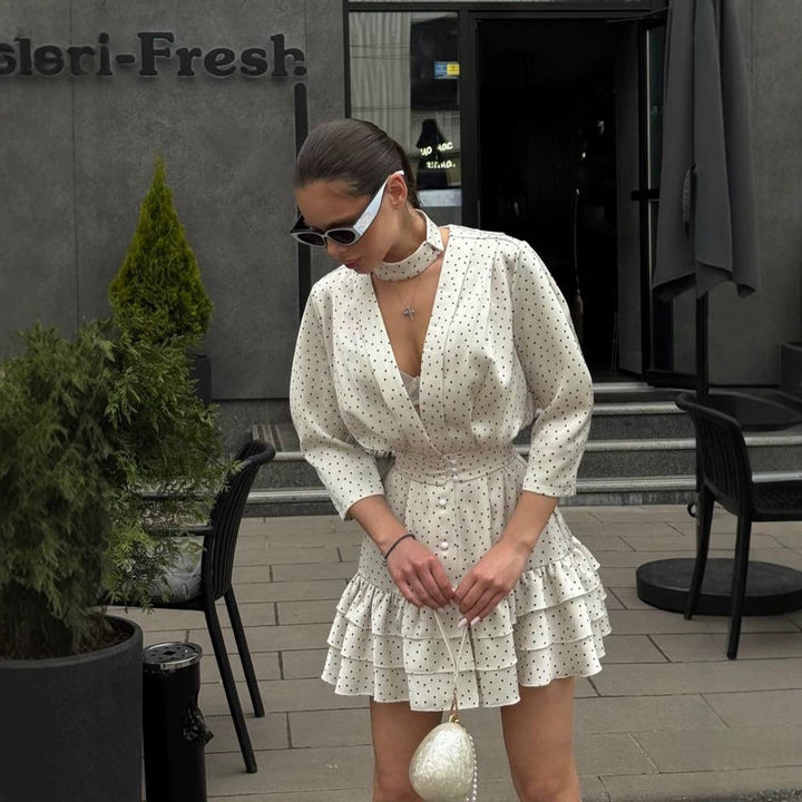 Damen Blumiges Chiffon-Minikleid mit V-Ausschnitt, Taillengürtel & Volantstufen Echoarchiv