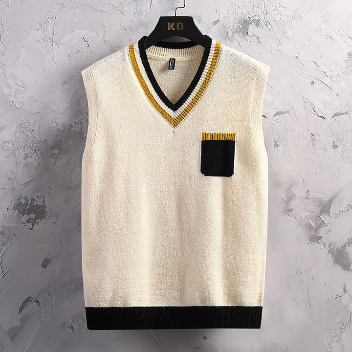 Herren ärmellose Strickjacke mit V-Ausschnitt und Farbblockdesign Echoarchiv