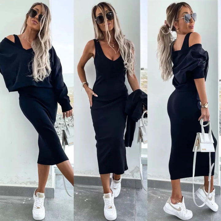 Damen weiches geripptes Lounge-Set mit Oversize-Viskoseshirt und High-Waist Schlaghose – Élanora