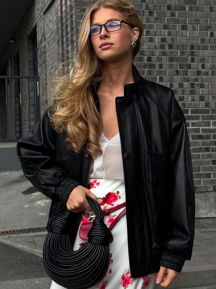 Damen Boxy-Lederimitat-Blouson mit Stehkragen und gerafften Bündchen Echoarchiv