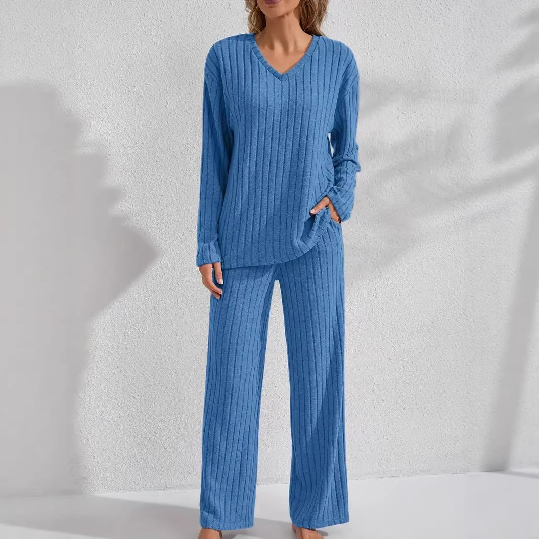 Damen Zweiteiliges geripptes Lounge-Set mit V-Ausschnitt und weitem Bein Echo Archiv
