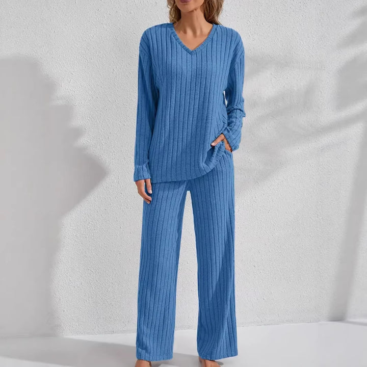 Damen Zweiteiliges geripptes Lounge-Set mit V-Ausschnitt und weitem Bein Echo Archiv