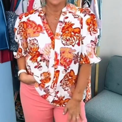 Damen nan lockere Bluse mit gerafften Puffärmeln und Knopfleiste Echo Archiv