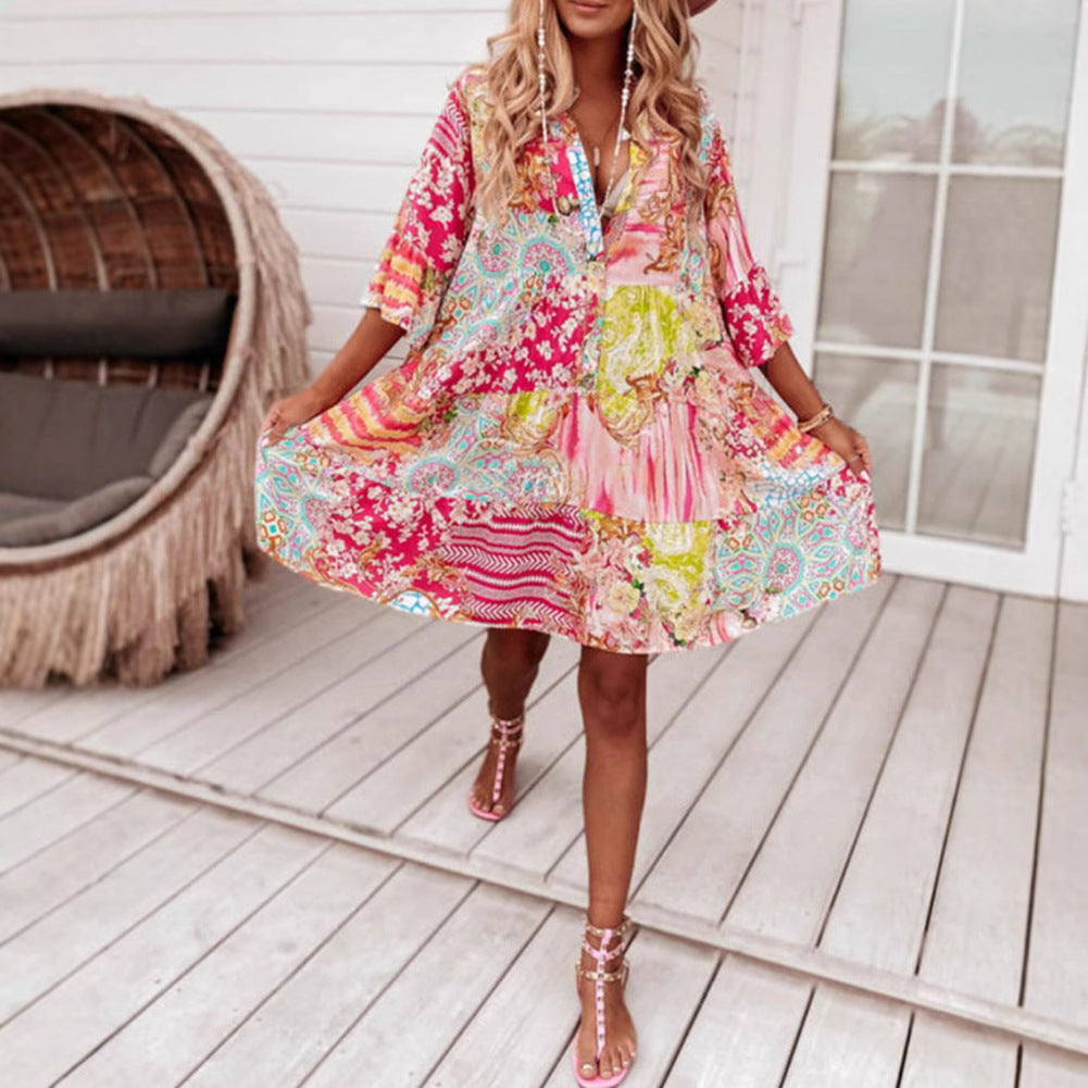 Damen nan Luftiges Stufenkleid im Patchwork-Boho-Stil mit Stehkragen, geraffter Taillennaht und Dreiviertelärmeln Echo Archiv