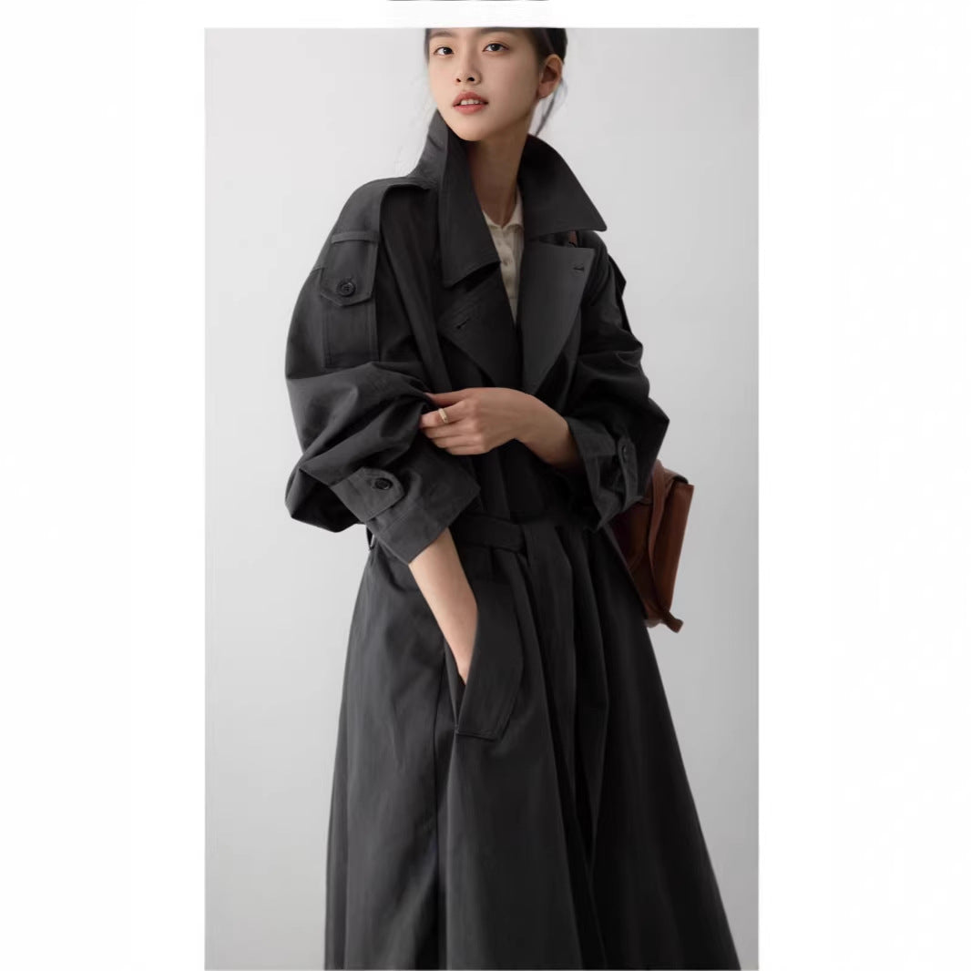 Damen Oversize Maxi-Trenchcoat mit Taillengürtel und doppelter Knopfleiste Echoarchiv