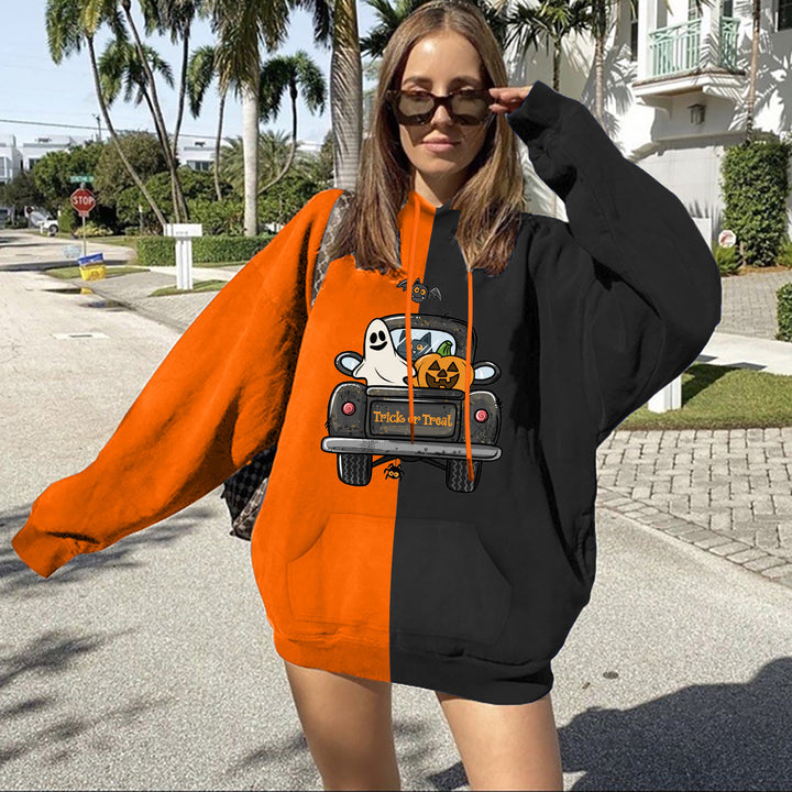 Damen Oversize Kapuzenpullover mit geteilter Block‑Optik und Halloween‑Wichtelprint – Auréline