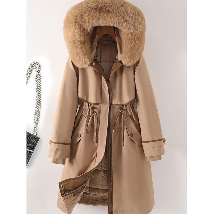 Damen nan langer Parka mit Kunstfellkapuze Taillenzug und kontrastierten Paspeln Echo Archiv