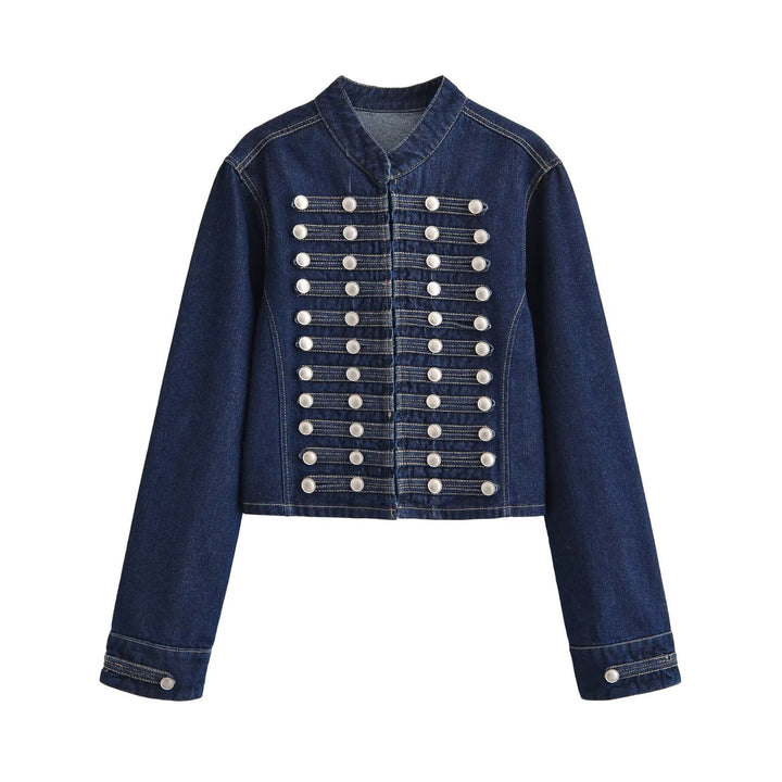 Damen Jeansjacke im Military‑Stil mit Stehkragen und dekorativen Reihen‑Druckknöpfen Echo Archiv