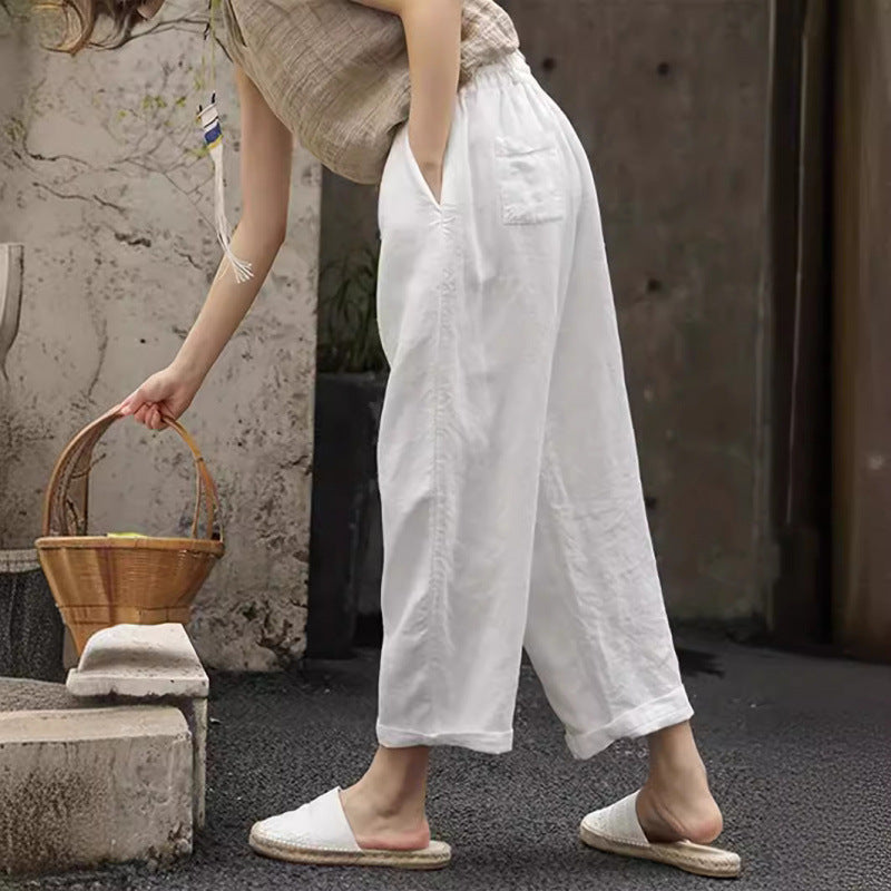 Damen lässige Leinenhose mit elastischem Bund und seitlichen Taschen – Avélisse