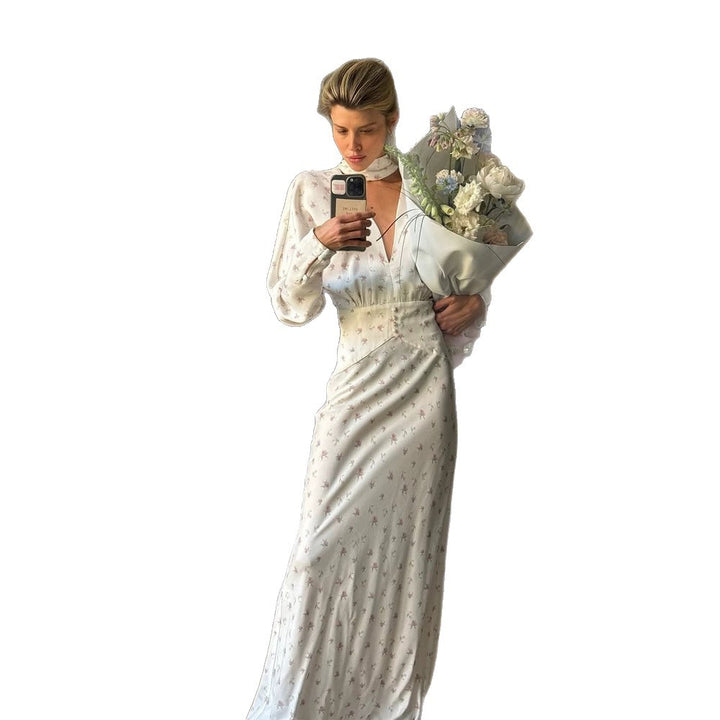 Damen Maxikleid mit Wickel-Taillenband, tiefem V-Ausschnitt und Choker Echoarchiv