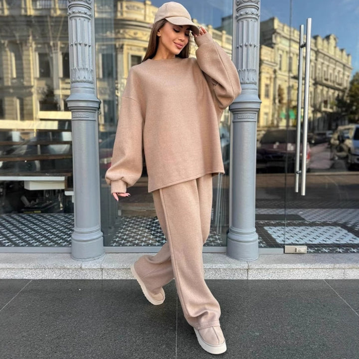 Damen Weiches Oversized-Strick-Loungewear-Set mit legerem Rundhals-Pullover und weiter Komforthose – Mavelle