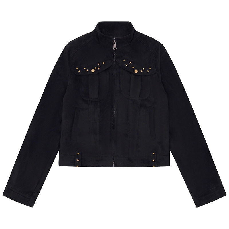 Damen Kurz geschnittene Velourslederjacke mit Stehkragen, Zier‑Nieten und Pattentaschen Echoarchiv