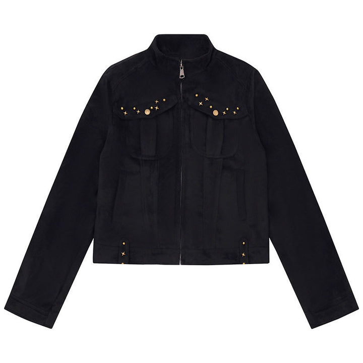 Damen Kurz geschnittene Velourslederjacke mit Stehkragen, Zier‑Nieten und Pattentaschen Echoarchiv