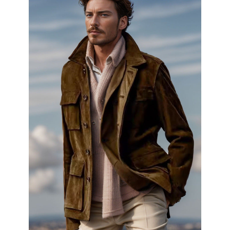 Herren modische Suede-Jacke mit vielseitigen Taschen Echoarchiv