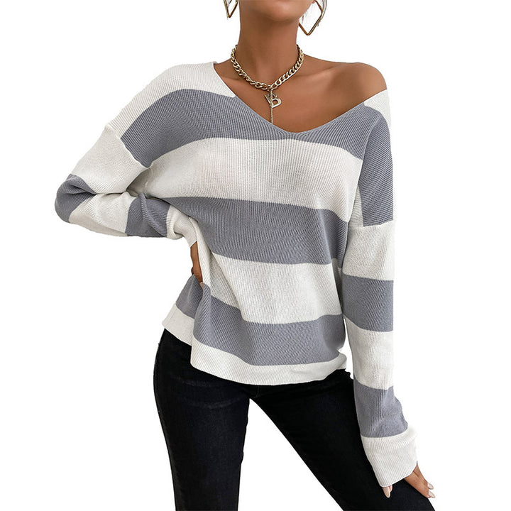 Damen Leichter Oversize‑Strickpullover mit V‑Ausschnitt und breitem Streifenmuster Echoarchiv