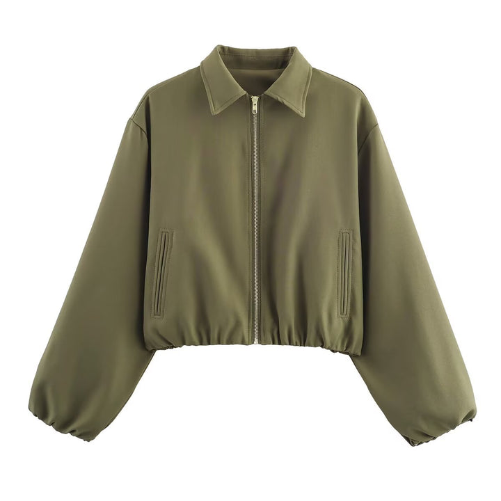 Damen Kurzjacke aus veganem Leder mit Kentkragen, durchgehendem Reißverschluss und gerafftem Saum Echo Archiv