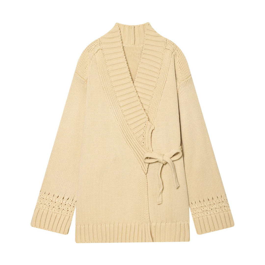Damen Wickel-Strickcardigan mit Schalkragen, Bindegürtel und Häkelärmeln Echo Archiv
