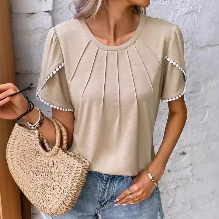Damen nan Rundhals-Shirt mit dekorativer Kellerfalten-Front, Flatterärmeln und Pompon-Borte Echo Archiv
