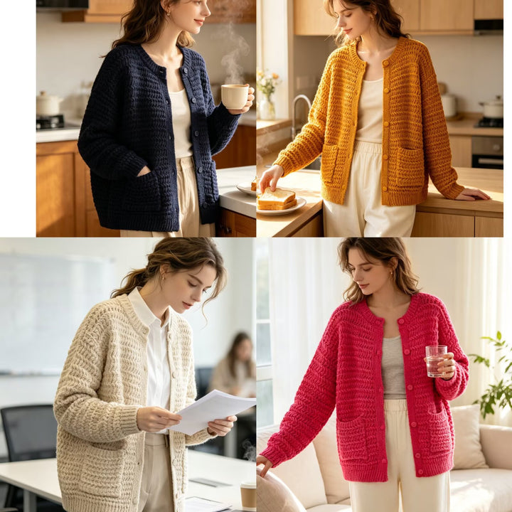 Damen Grobgestrickter Oversize-Cardigan mit Knopfleiste und aufgesetzten Taschen Echoarchiv