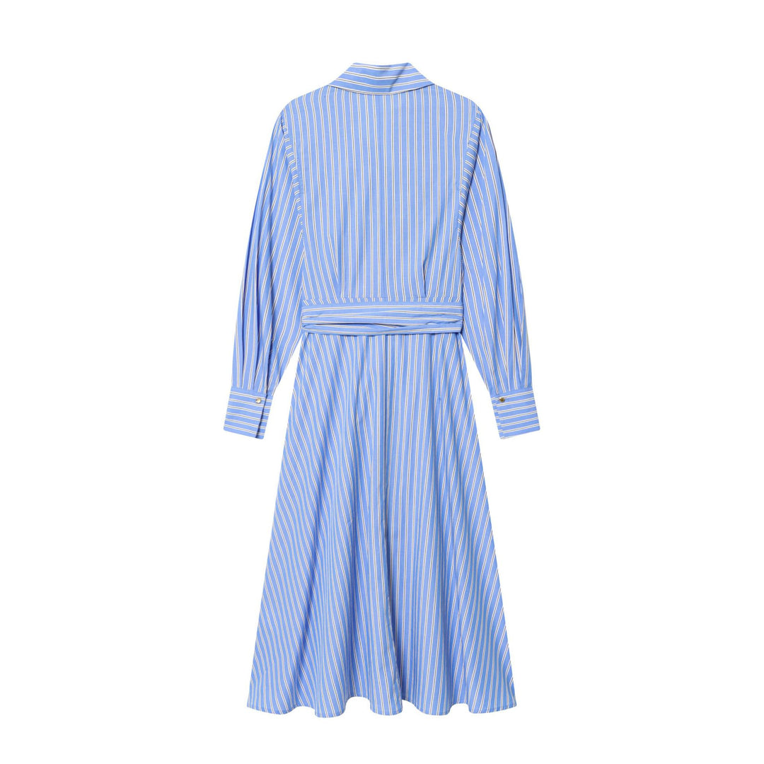 Damen gestreiftes Hemdblusenkleid mit Knotengürtel, taillierter Wickeloptik und breiten Manschetten – Lunéa