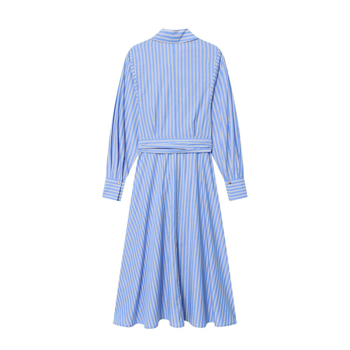 Damen gestreiftes Hemdblusenkleid mit Knotengürtel, taillierter Wickeloptik und breiten Manschetten – Lunéa