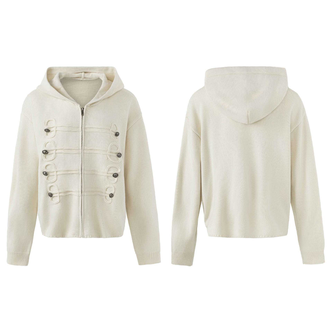 Damen Kapuzen-Strickjacke mit militärischen Zierknöpfen und Reißverschluss Echoarchiv