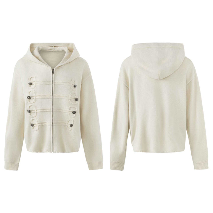 Damen Kapuzen-Strickjacke mit militärischen Zierknöpfen und Reißverschluss Echoarchiv