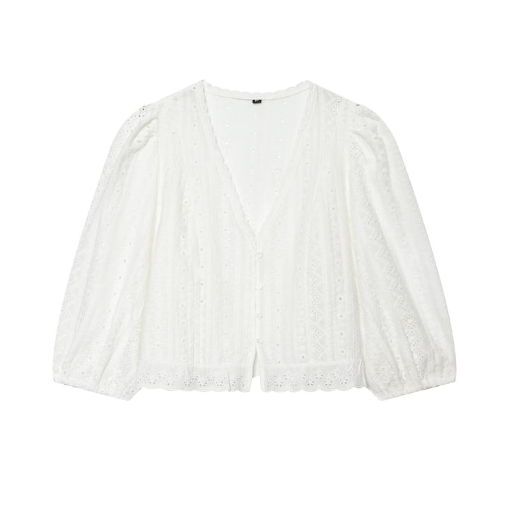 Damen Baumwoll-Spitzen-Cardigan mit V‑Ausschnitt, Knopfleiste und Ballonärmeln Echo Archiv