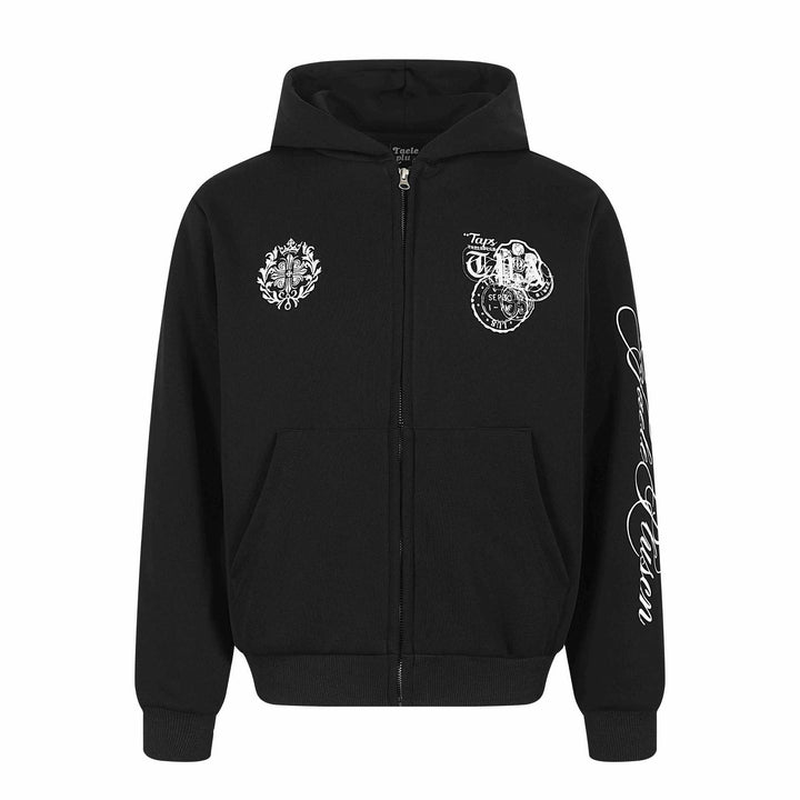 Unisex Kapuzen‑Sweatjacke mit durchgehendem Reißverschluss, Kängurutasche und ornamentalen Siegel‑Prints Echoarchiv