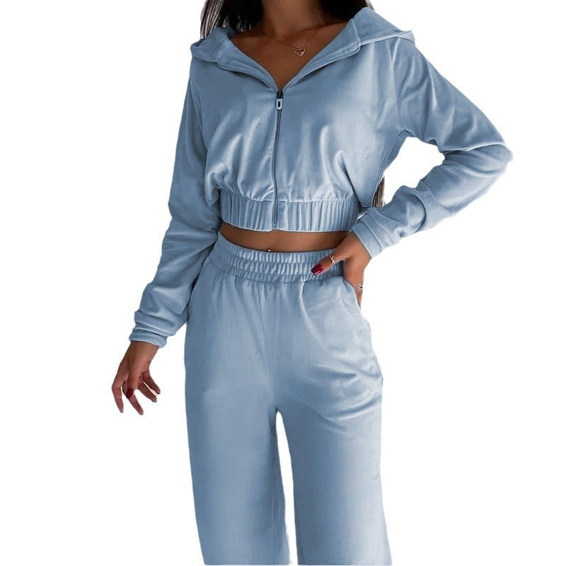 Damen Cropped Velours-Loungewear-Set mit Reißverschluss, Kapuze und High-Waist Jogpant Echoarchiv