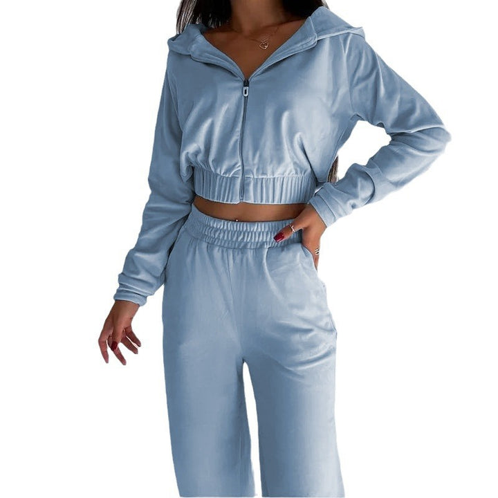 Damen Cropped Velours-Loungewear-Set mit Reißverschluss, Kapuze und High-Waist Jogpant Echoarchiv